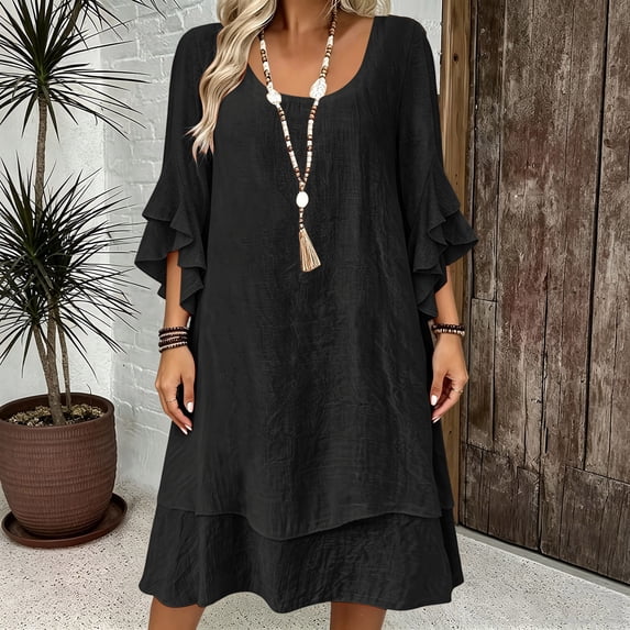 IUYRTFE Women's Summer Boho Peasant Dress with Tie Neck and Ruffle Hem 3/4 Sleeve Flowy Midi Dress