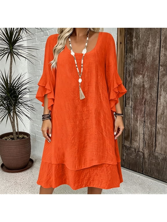 Women's Summer Boho Peasant Dress with Tie Neck and Ruffle Hem 3/4 Sleeve Flowy Midi Dress