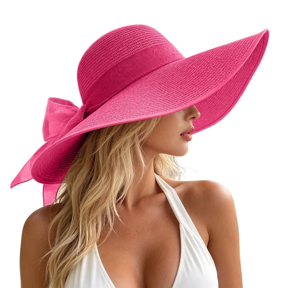 IUYRTFE Women's Summer Wide Brim Floppy Straw Sun Hat with Ribbon Bow Detail for Beach Vacation Headwear
