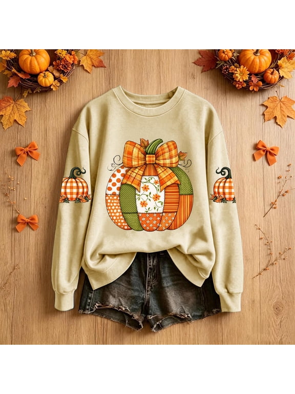 Women's Thanksgiving Print Crew Neck Sweatshirt, 100% Polyester Long Sleeve for Fall