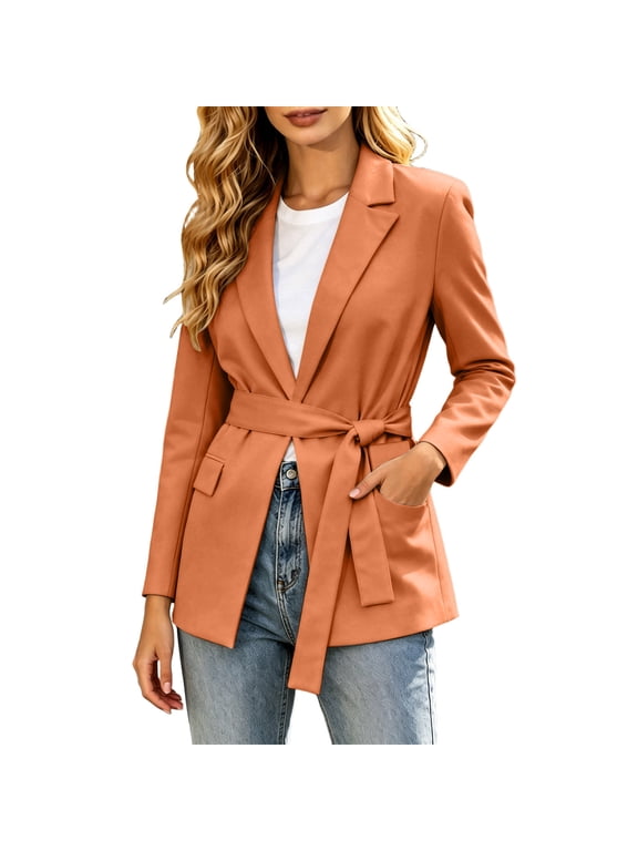 Women's Tie-Waist Long Sleeve Blazer – Casual Open Front Jacket with Belted Waist and Pockets for Office Work, Weekend Outings, and Spring Fall Daily Wear