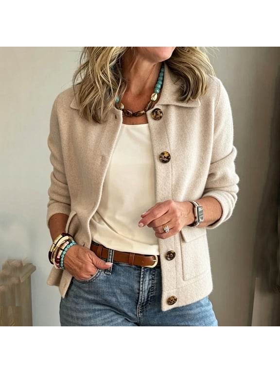 Women's Tweed Button Down Jacket Collared Long Sleeve Casual Coat with Pockets