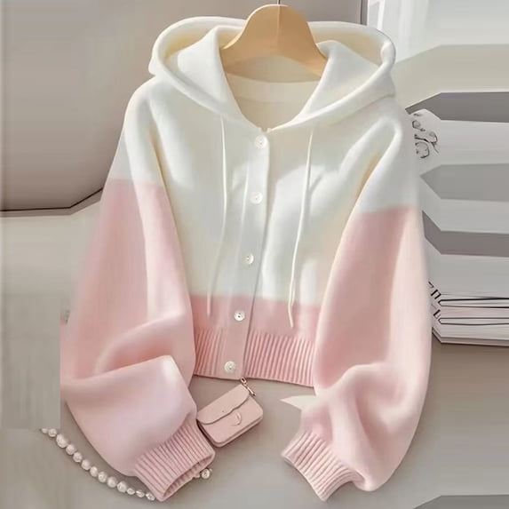IUYRTFE Women's Two Tone Hooded Knit Cardigan Long Sleeve Drawstring Color Block Casual Fall Sweater Coat