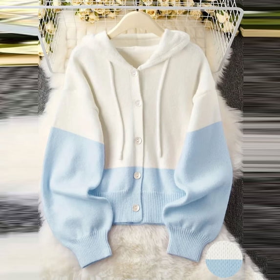 IUYRTFE Women's Two Tone Hooded Knit Cardigan Long Sleeve Drawstring Color Block Casual Fall Sweater Coat