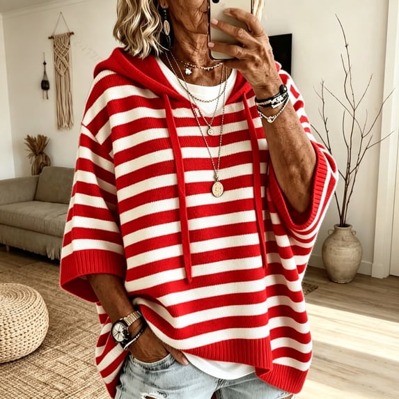 IUYRTFE Women's V Neck Batwing Sleeve Knit Top Color Block Striped Casual Pullover with Kangaroo Pocket