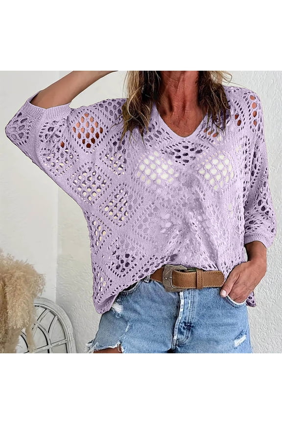 Women's V-Neck Diamond Pointelle Knit Top – Lightweight Hollow-Out Short Sleeve Casual Blouse for Spring, Summer, and Beach Vacation