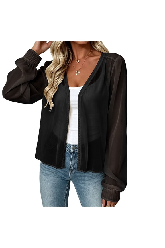 Women's V Neck Sheer Chiffon Open Front Cardigan Long Puff Sleeve Lightweight Summer Cover Up