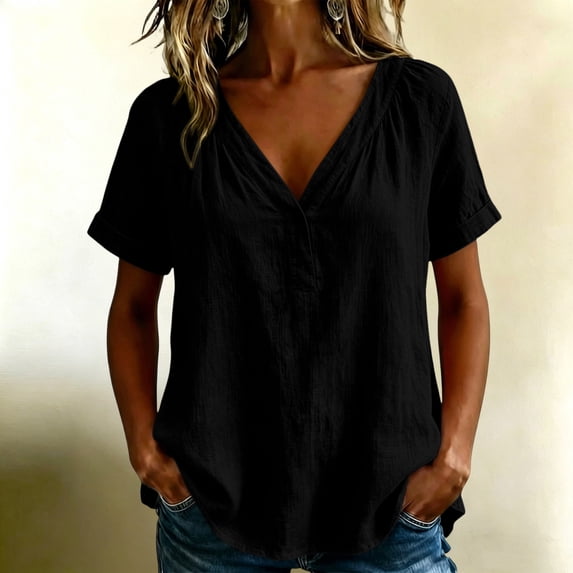 IUYRTFE Women's V-Neck Short Sleeve Cotton Linen Blouse Relaxed Fit Casual Summer Top with Button Detail