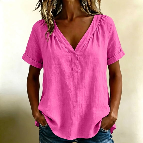 IUYRTFE Women's V-Neck Short Sleeve Cotton Linen Blouse Relaxed Fit Casual Summer Top with Button Detail