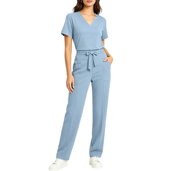 IUYRTFE Women's V-Neck Short Sleeve Scrub Set with Drawstring Waist and Pockets Medical Uniform Top and Straight Leg Pants