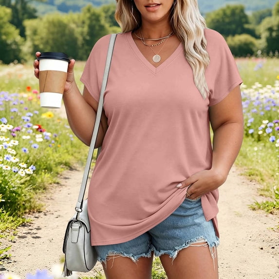 IUYRTFE Women's V-Neck Short Sleeve T-Shirt with Side Slits Relaxed Fit Plus Size Casual Summer Top
