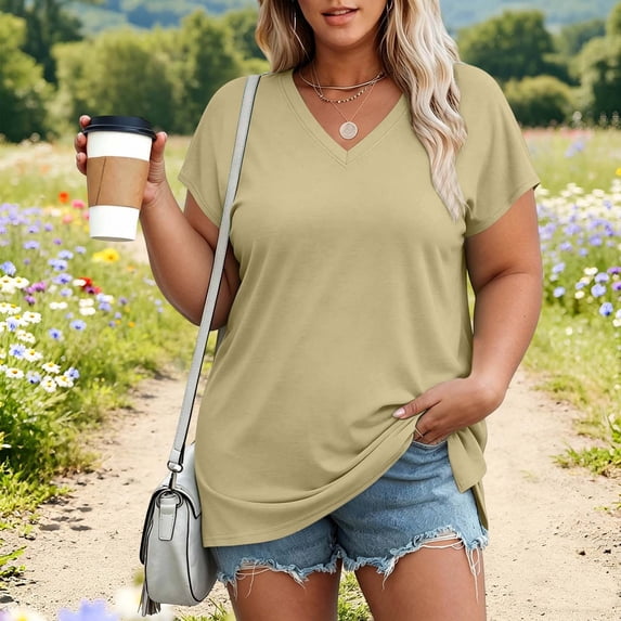 IUYRTFE Women's V-Neck Short Sleeve T-Shirt with Side Slits Relaxed Fit Plus Size Casual Summer Top