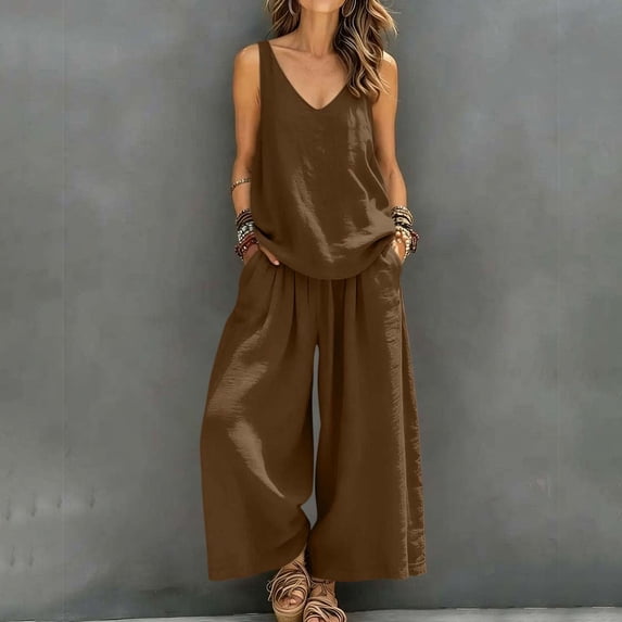 IUYRTFE Women's V Neck Sleeveless Top and Wide Leg Pants Set Drawstring Waist Cotton Linen Lounge Outfit