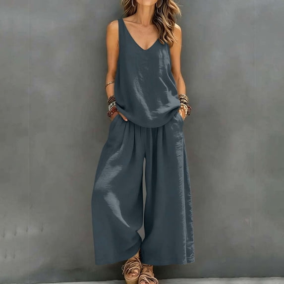 IUYRTFE Women's V Neck Sleeveless Top and Wide Leg Pants Set Drawstring Waist Cotton Linen Lounge Outfit