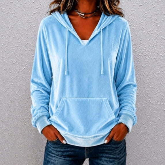 IUYRTFE Women's Velour Hoodie Drawstring Kangaroo Pocket Long Sleeve Solid Color Casual Pullover Top
