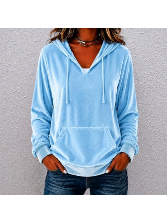 IUYRTFE Women's Velour Hoodie Drawstring Kangaroo Pocket Long Sleeve Solid Color Casual Pullover Top