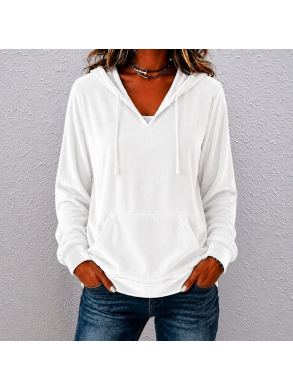 Women's Velour Hoodie Drawstring Kangaroo Pocket Long Sleeve Solid Color Casual Pullover Top
