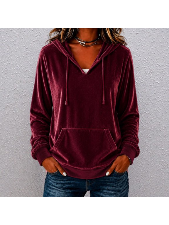 Women's Velour Hoodie Drawstring Kangaroo Pocket Long Sleeve Solid Color Casual Pullover Top