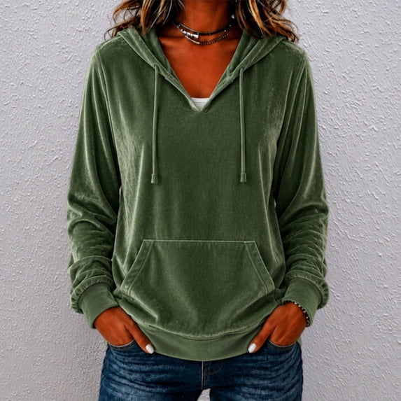 IUYRTFE Women's Velour Hoodie Drawstring Kangaroo Pocket Long Sleeve Solid Color Casual Pullover Top