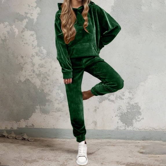 IUYRTFE Women's Velour Zip Up Hoodie and Jogger Pants 2 Piece Casual Tracksuit Set