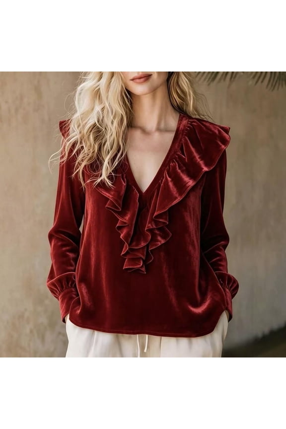 Women's Velvet V Neck Ruffle Trim Blouse Long Sleeve Elegant Casual Party Top