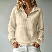 IUYRTFE Womens Waffle Knit Half-Zip Pullover Stand Collar Long Sleeve Casual Relaxed Fit Sweatshirt