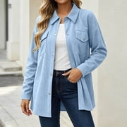 IUYRTFE Womens Waffle Knit Shacket Button Down Collared Longline Top with Pockets Solid Color