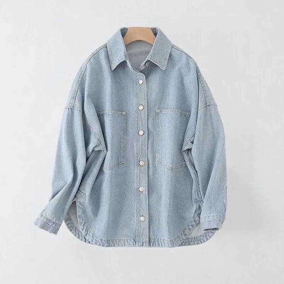 IUYRTFE Women's Washed Denim Collared Button Down Shirt Jacket Long Sleeve Casual Spring Fall Outerwear