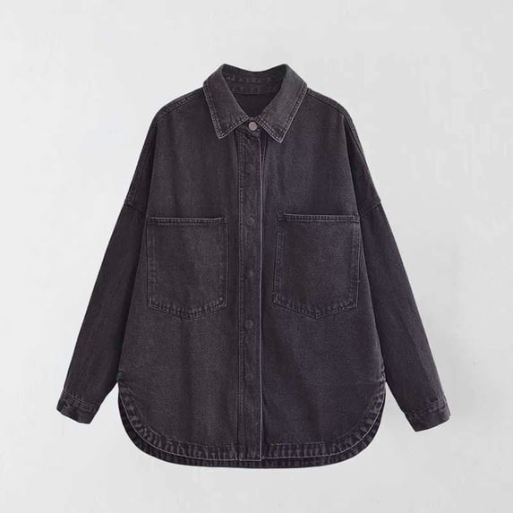 IUYRTFE Women's Washed Denim Collared Button Down Shirt Jacket Long Sleeve Casual Spring Fall Outerwear