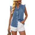 thumbnail image 1 of IUYRTFE Women's Washed Denim Sleeveless Button Down Shirt Ruffled V Neck Casual Summer Tank Top, 1 of 7