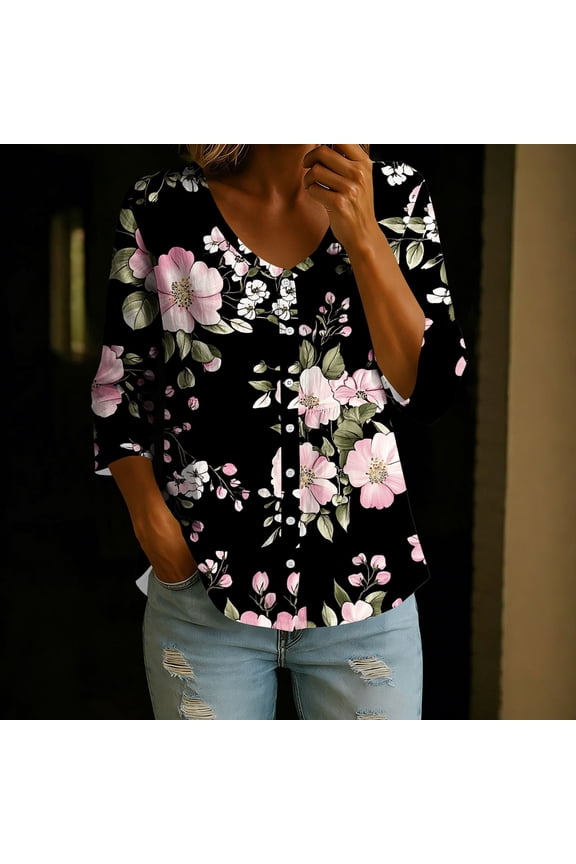 Women's Watercolor Floral Print V Neck Button Front 3/4 Sleeve Peplum Loose Casual Spring Summer Blouse – Soft Rayon Blend, Breathable, Wrinkle Resistant, Garden & Brunch