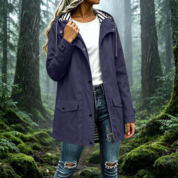 IUYRTFE Women's Waterproof Hooded Rain Jacket Lightweight Outdoor Windbreaker Coat with Snap Buttons