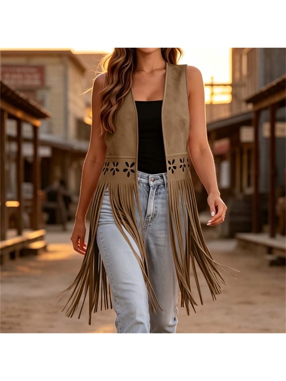 IUYRTFE Women's Western Fringe Sleeveless Vest Open Front Suede Cardigan with Long Fringe Trim