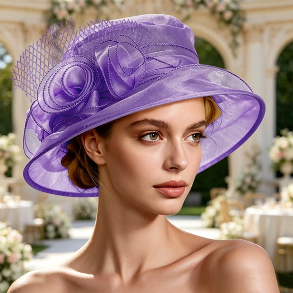 IUYRTFE Women's Wide Brim Organza Fascinator Hat Floral Mesh Dressy Sun Cap for Weddings Tea Parties