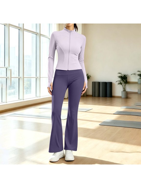 Women's Zip Front Long Sleeve Yoga Set, Polyester Blend with Elastic Waist Pants for Women