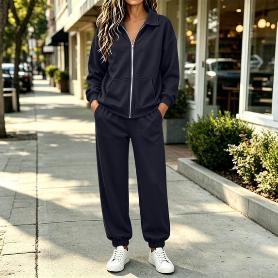 IUYRTFE Women's Zip Up Collared Jacket and Jogger Pants Set 2 Piece Casual Tracksuit