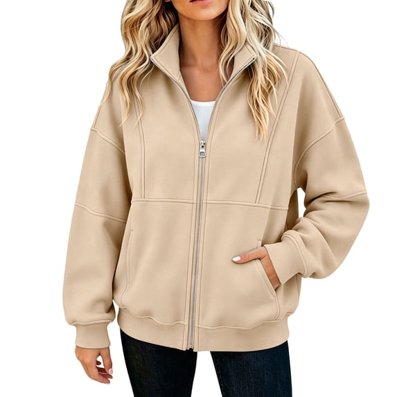 IUYRTFE Women's Zip Up Fleece Jacket Long Sleeve Casual Relaxed Fit Collarless Coat with Pockets for Fall and Winter
