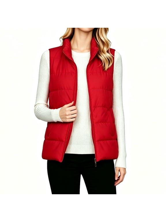 Women's Zip Up Puffer Vest Stand Collar Sleeveless Quilted Jacket Red