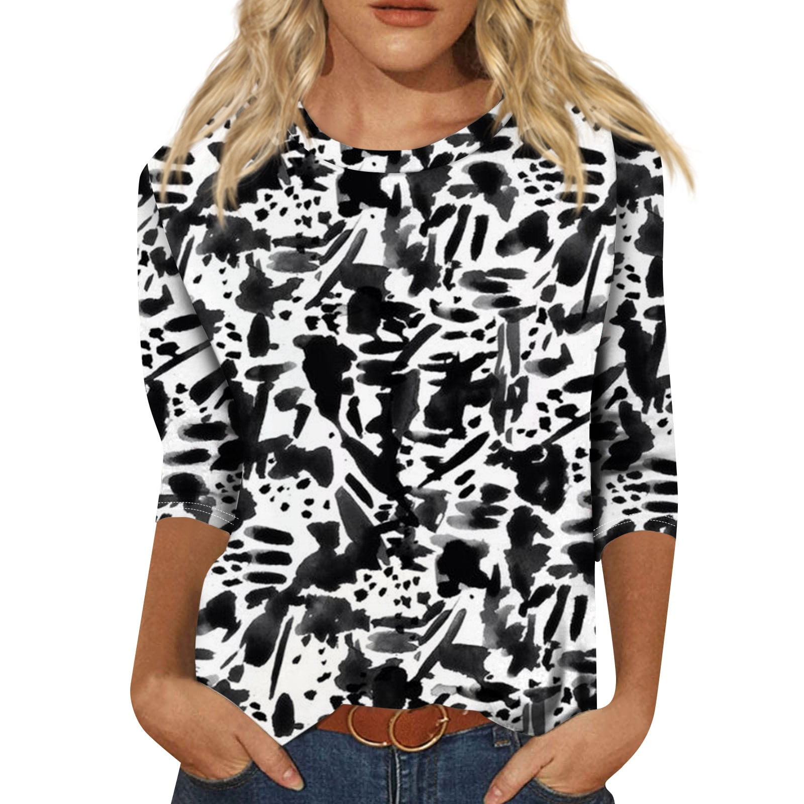 IUZSOKIL 3/4 Sleeve Workout Shirts for Women Geometric Crew Neck