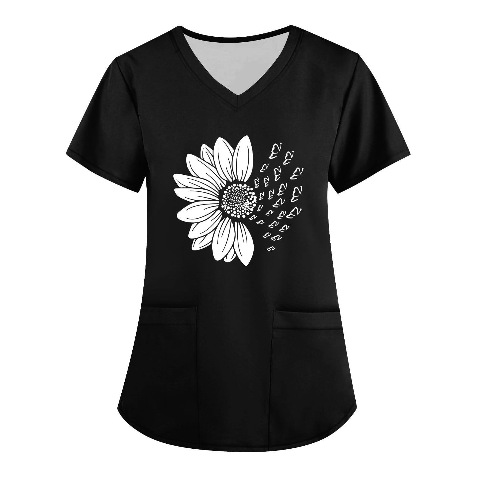 IUZSOKIL Petite Scrub Tops for Women V Neck Sunflower Floral Medical Jogger Shirts with Pocket