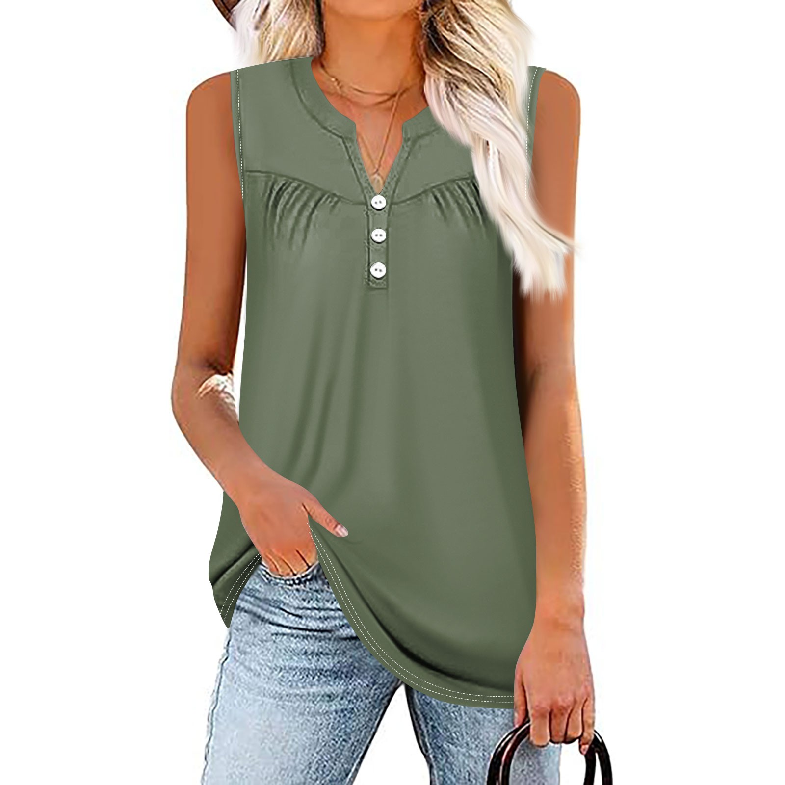 IUZSOKIL Summer Tank Tops for Women Pleated Casual Plus Size V Neck Tee