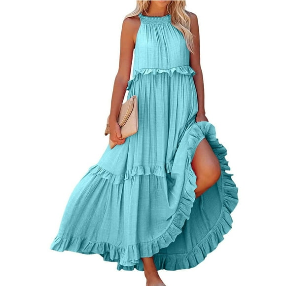 IUZSOKIL Sundresses for Women Maxi Sleeveless Halter Tie Back Ruffle Tiered Maxi Beach Built in Bra Dress Flowy Pleated Dresses Light Blue L