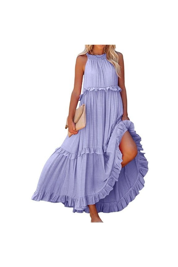 Sundresses for Women Maxi Sleeveless Halter Tie Back Ruffle Tiered Maxi Beach Built in Bra Dress Flowy Pleated Dresses Light Purple L