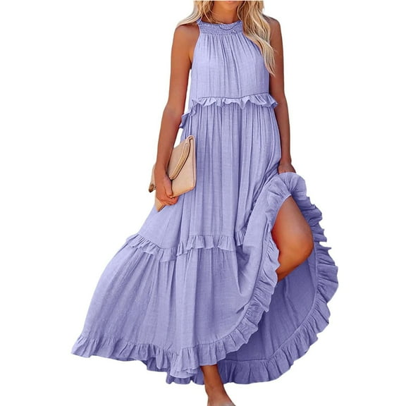 IUZSOKIL Sundresses for Women Maxi Sleeveless Halter Tie Back Ruffle Tiered Maxi Beach Built in Bra Dress Flowy Pleated Dresses Light Purple XL