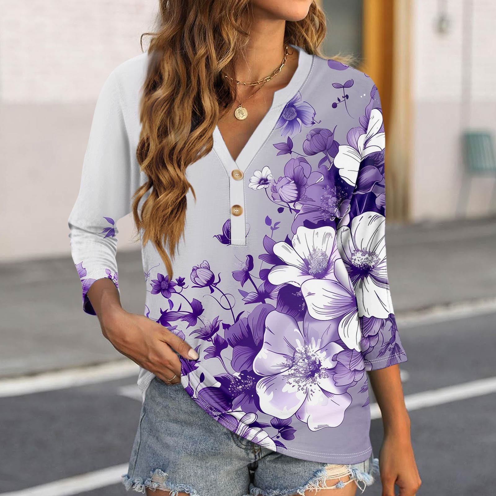 IUZSOKIL Women's T Shirts 3/4 Length Sleeve Elbow Length Henley V Neck