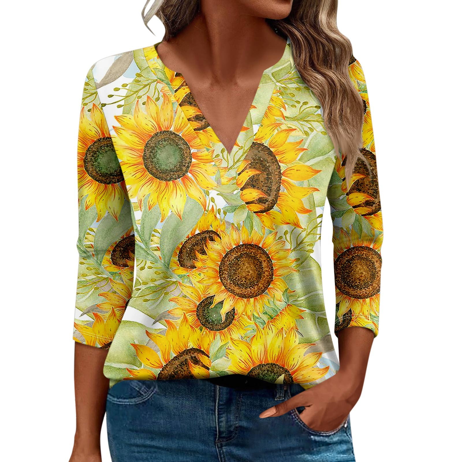 IUZSOKIL Womens Long Sleeve T Shirts With 3/4 Sleeves Sunflowers V Neck