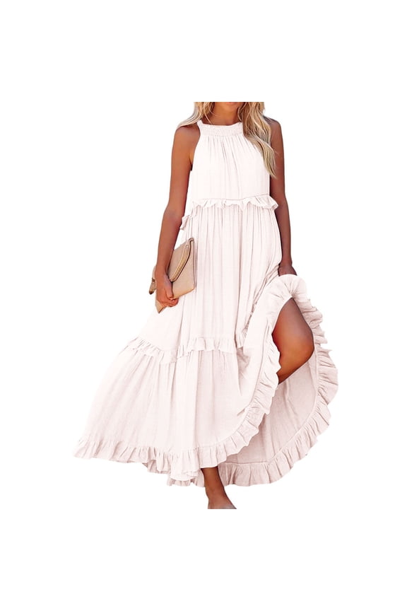Womens Summer Boho Halter Maxi Dresses 2024 Casual Built in Bra Dress Sleeveless Pleated Tiered Flowy Beach Vacation Long Dress Beige M