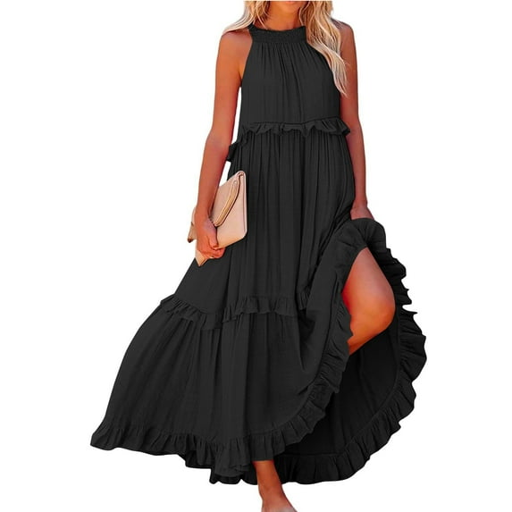 IUZSOKIL Womens Summer Boho Halter Maxi Dresses 2024 Casual Built in Bra Dress Sleeveless Pleated Tiered Flowy Beach Vacation Long Dress Black S
