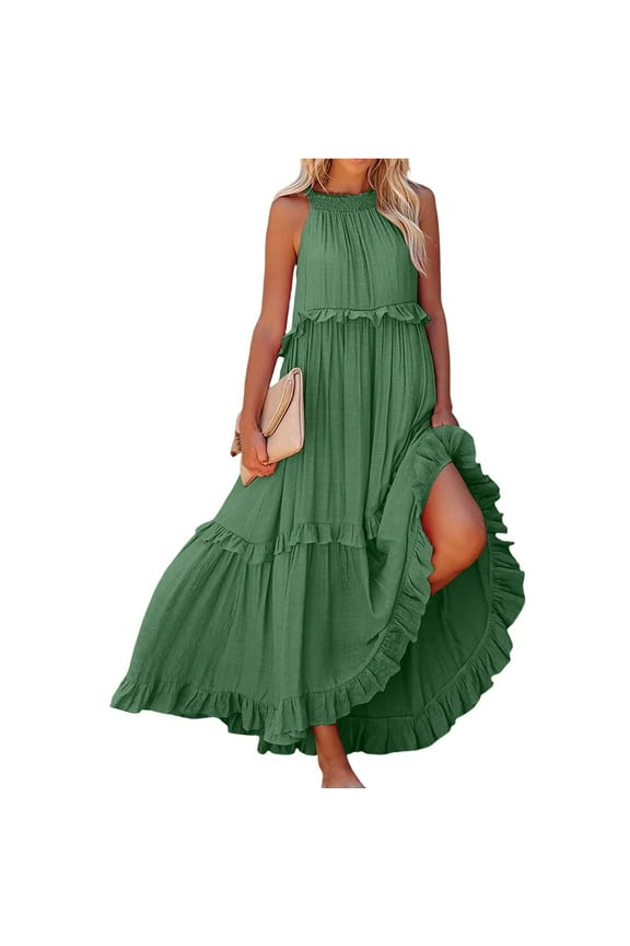 Womens Summer Boho Halter Maxi Dresses 2024 Casual Built in Bra Dress Sleeveless Pleated Tiered Flowy Beach Vacation Long Dress Green 2XL