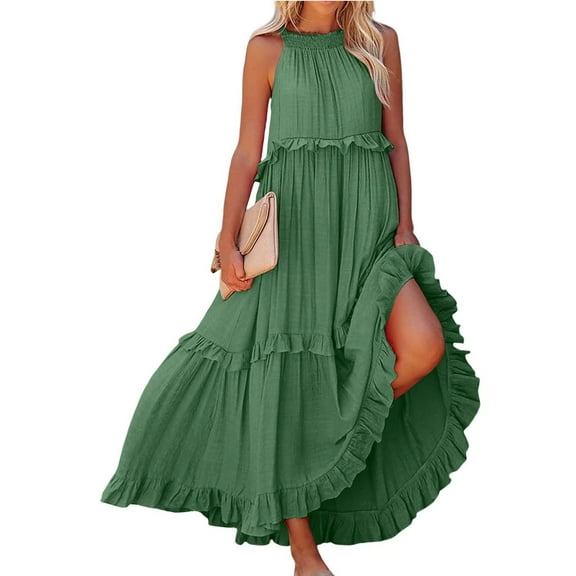 IUZSOKIL Womens Summer Boho Halter Maxi Dresses 2024 Casual Built in Bra Dress Sleeveless Pleated Tiered Flowy Beach Vacation Long Dress Green M